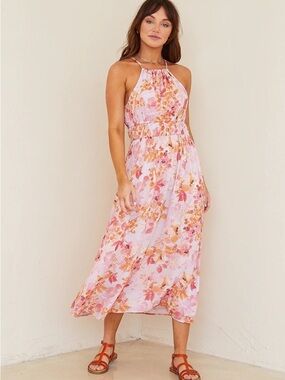 Bella Dahl Pink Floral Halter Midi Dress